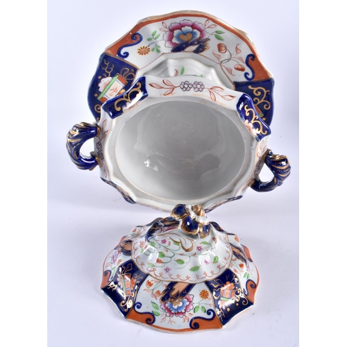 242 - 19th century English Ironstone tureen, cover and fixed stand painted in imari style colours