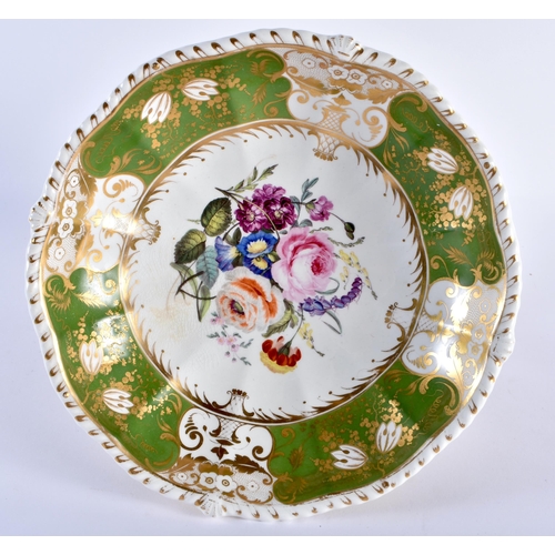 244 - 19th century Derby comport painted with flowers on a green and gilt ground, red mark. 20cm wide