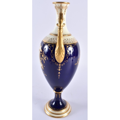 257 - Late 19th early 20th century Coalport two handled vase painted with a scene of Loch Tay on a cobalt ... 