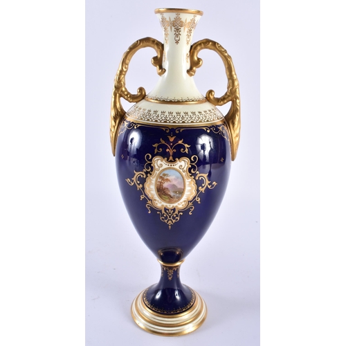 257 - Late 19th early 20th century Coalport two handled vase painted with a scene of Loch Tay on a cobalt ... 