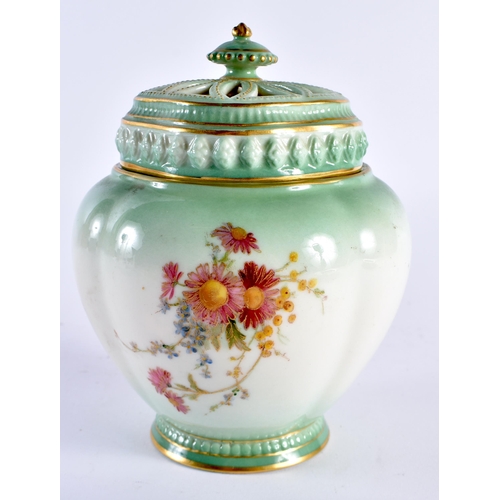 260 - Royal Worcester pot pourri and cover painted with flowers on a green ground, date mark 1902, shape 1... 