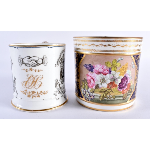 265 - Early 19th century Derby porter mug lavishly painted with flowers on a marble table and a mug made f... 