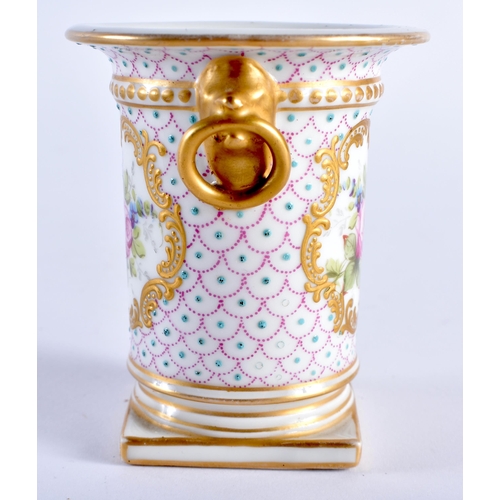 266 - 19th century spill vase with bird beak and ring handles painted with a rose floral bouquet in gilt p... 