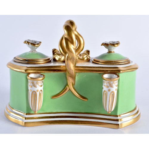 267 - Flight Barr & Barr inkstand, the body with two inkwells and decorated with a hand painted cartouche ... 