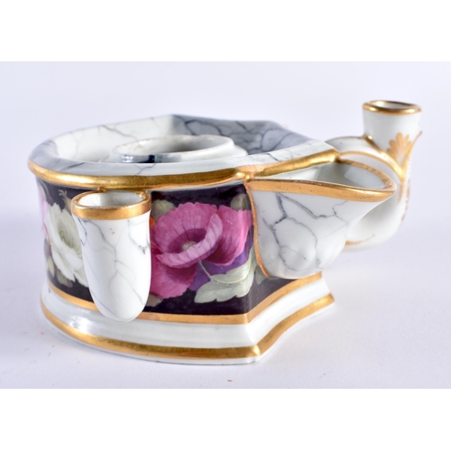 269 - Early 19th century Flight Barr inkstand, cover and liner the curved front with roses, the top with a... 