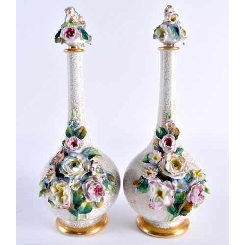 286 - 19th century Chamberlains Worcester good pair of floral encrusted scent bottles with stoppers. 23cm ... 