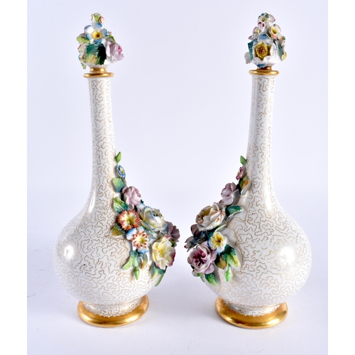 286 - 19th century Chamberlains Worcester good pair of floral encrusted scent bottles with stoppers. 23cm ... 