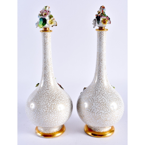 286 - 19th century Chamberlains Worcester good pair of floral encrusted scent bottles with stoppers. 23cm ... 