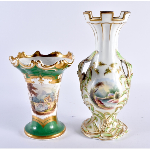 287 - 19th century English porcelain vases each painted with landscapes both probably Rockingham. 25cm hig... 