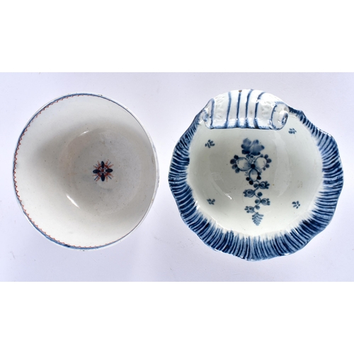 289 - 18th century Liverpool rare shell shaped dish painted with a central flowering plant, the border hig... 