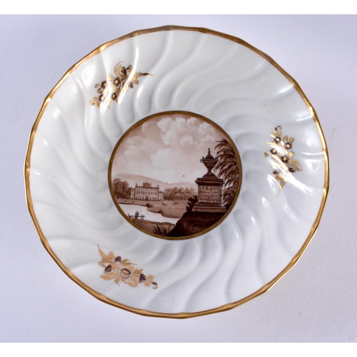 292 - Late 18th century Chamberlains Worcester moulded coffee cup and saucer painted with a sepia landscap... 