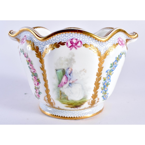 294 - Minton jardiniere each side painted with a lady, green mark to base. 10cm wide