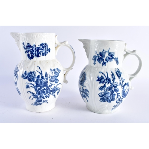 296 - Worcester cabbage leaf mask jug printed with large floral sprays and a Caughley jug similar printed ... 