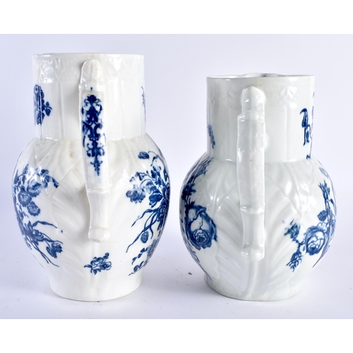 296 - Worcester cabbage leaf mask jug printed with large floral sprays and a Caughley jug similar printed ... 