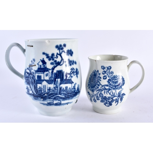 299A - Two Worcester mugs, a Worcester creamboat and a Caughley creamboat (5)