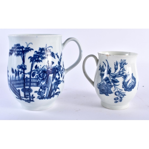 299A - Two Worcester mugs, a Worcester creamboat and a Caughley creamboat (5)