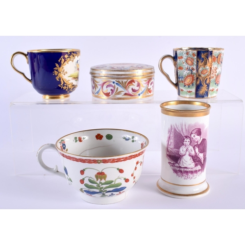 3 - TWO LATE 18TH CENTURY WORCESTER CUPS together with a Sevres style cup, a cylindrical vase stamped BB... 