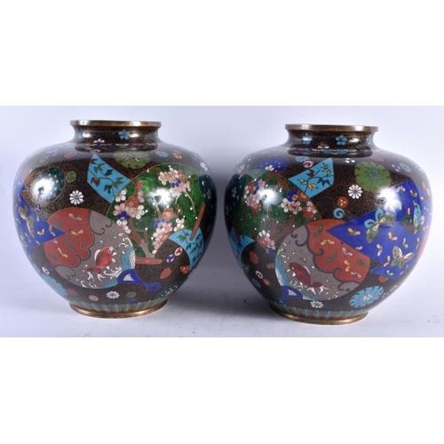 320 - A LARGE PAIR OF 19TH CENTURY JAPANESE MEIJI PERIOD CLOISONNE ENAMEL VASES decorative with panels of ... 