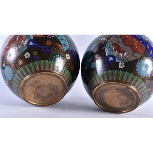 320 - A LARGE PAIR OF 19TH CENTURY JAPANESE MEIJI PERIOD CLOISONNE ENAMEL VASES decorative with panels of ... 