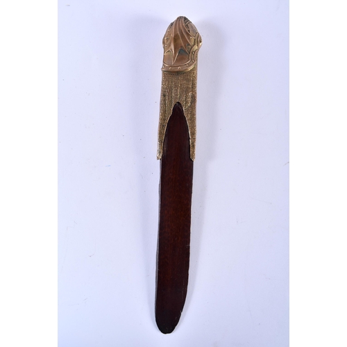 324 - AN ARTS AND CRAFTS GILT MOUNTED WOOD PAPER KNIFE. 28 cm long.