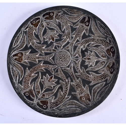 326 - A PAIR OF 19TH CENTURY MIDDLE EASTERN SILVER OVERLAID HEAVY DISHES overlaid with fish swimming. 14.5... 