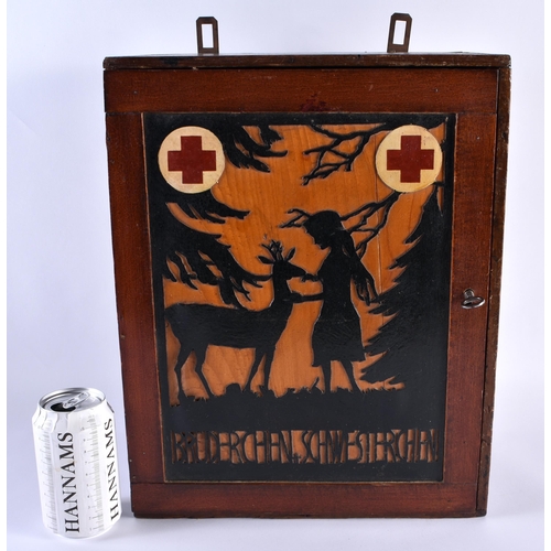 331 - A RARE GERMAN FIRST AID MEDICAL HANGING CABINET depicting a figure and deer within a landscape. 42 c... 