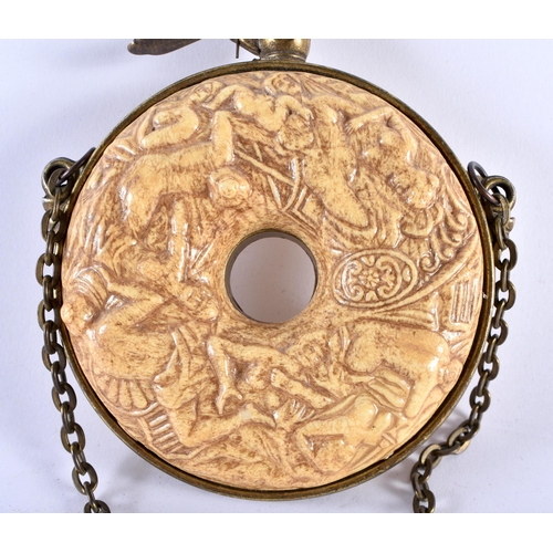 336 - AN ANTIQUE CONTINENTAL EROTIC BRONZE MOUNTED POWDER FLASK depicting figures in lewd acts within land... 