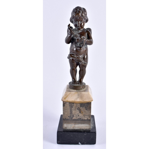 339 - A 19TH CENTURY EUROPEAN GRAND TOUR BRONZE FIGURE OF A PUTTI modelled upon a marble plinth. 18 cm hig... 