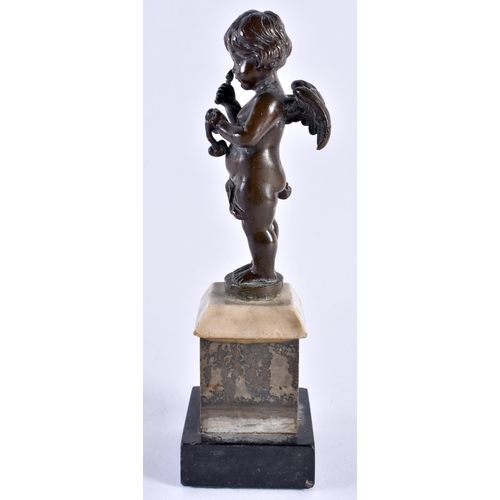 339 - A 19TH CENTURY EUROPEAN GRAND TOUR BRONZE FIGURE OF A PUTTI modelled upon a marble plinth. 18 cm hig... 