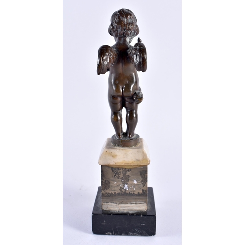 339 - A 19TH CENTURY EUROPEAN GRAND TOUR BRONZE FIGURE OF A PUTTI modelled upon a marble plinth. 18 cm hig... 