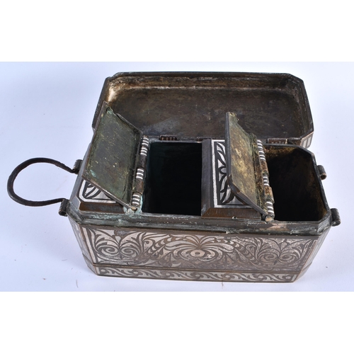 344 - AN UNUSUAL 18TH CENTURY ISLAMIC PERSIAN SILVER INLAID BRONZE BOX decorative all over with foliage an... 