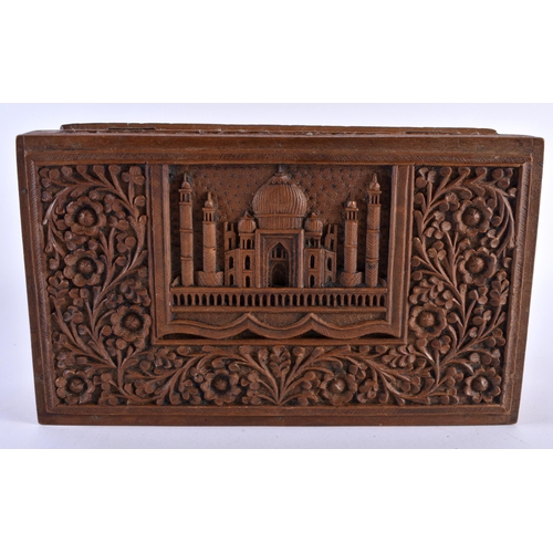 346 - A 19TH CENTURY INDIAN CARVED SANDALWOOD TAJ MAHAL CASKET decorated with foliage and vines. 24 cm x 1... 