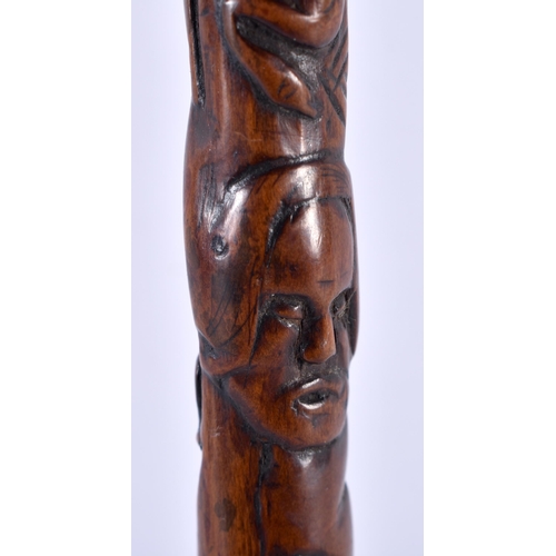 348 - A VERY UNUSUAL 18TH/19TH CENTURY CARVED WOOD MINIATURE STAFF possibly tribal, decorated all over wit... 