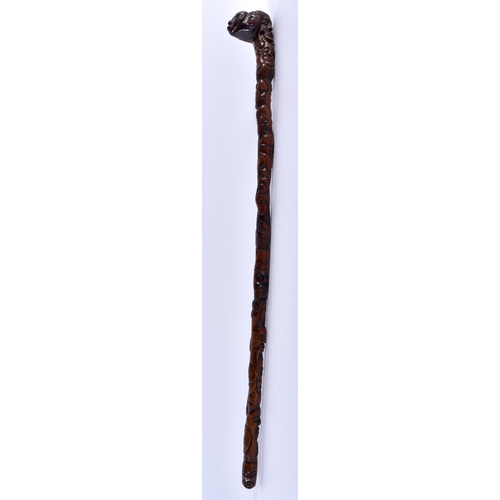 348 - A VERY UNUSUAL 18TH/19TH CENTURY CARVED WOOD MINIATURE STAFF possibly tribal, decorated all over wit... 