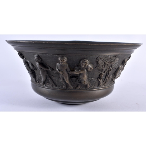 354 - A 19TH CENTURY EUROPEAN GRAND TOUR BRONZE BOWL decorated in relief with Romanesque scenes of figures... 