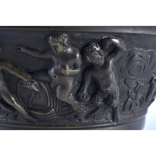 354 - A 19TH CENTURY EUROPEAN GRAND TOUR BRONZE BOWL decorated in relief with Romanesque scenes of figures... 