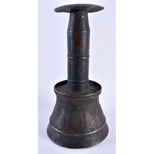 359 - A LARGE AND UNUSUAL 19TH CENTURY COPPER ALLOY CANDLESTICK engraved with fish and crucifix motifs. 33... 