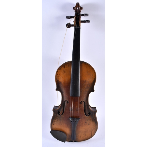 375 - AN UNUSUAL SINGLE PIECE BACK VIOLIN painted with a floral panel. 57.5 cm long, length of back 35.5 c... 