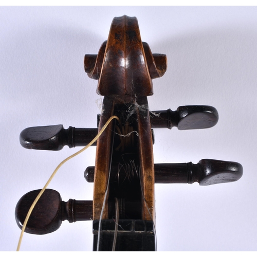 375 - AN UNUSUAL SINGLE PIECE BACK VIOLIN painted with a floral panel. 57.5 cm long, length of back 35.5 c... 