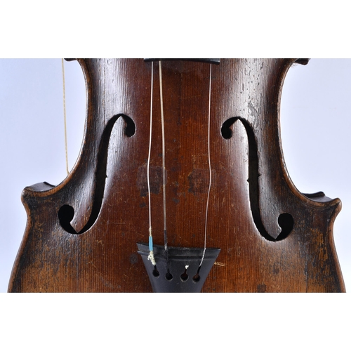 375 - AN UNUSUAL SINGLE PIECE BACK VIOLIN painted with a floral panel. 57.5 cm long, length of back 35.5 c... 