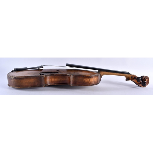 375 - AN UNUSUAL SINGLE PIECE BACK VIOLIN painted with a floral panel. 57.5 cm long, length of back 35.5 c... 