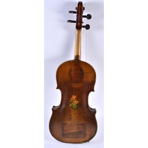 375 - AN UNUSUAL SINGLE PIECE BACK VIOLIN painted with a floral panel. 57.5 cm long, length of back 35.5 c... 