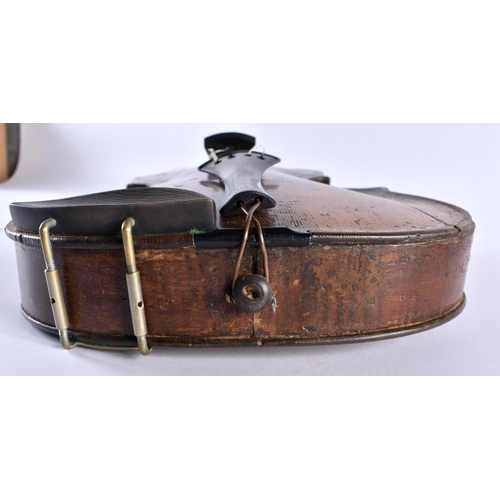 375 - AN UNUSUAL SINGLE PIECE BACK VIOLIN painted with a floral panel. 57.5 cm long, length of back 35.5 c... 