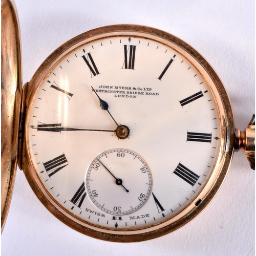 381 - A 14ct Gold Half Hunter Pocket Watch by John Myers & Co Ltd of Westminster Bridge Road, London and C... 