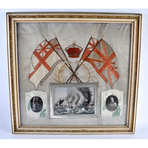 383 - A LARGE PAIR OF WWII EMBROIDERED MILITARY EMBROIDERIES inset with painted silk panels of naval battl... 