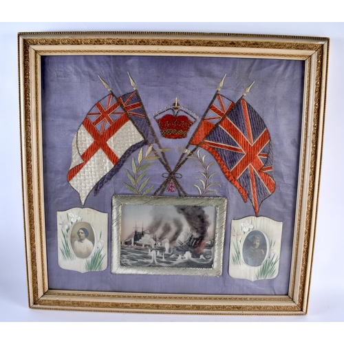 383 - A LARGE PAIR OF WWII EMBROIDERED MILITARY EMBROIDERIES inset with painted silk panels of naval battl... 