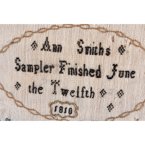 386 - AN EARLY 19TH CENTURY ENGLISH EMBROIDERED SAMPLER by Ann Smith June 12th 1810. 34 cm square.