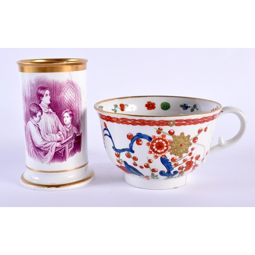 3 - TWO LATE 18TH CENTURY WORCESTER CUPS together with a Sevres style cup, a cylindrical vase stamped BB... 