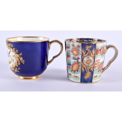 3 - TWO LATE 18TH CENTURY WORCESTER CUPS together with a Sevres style cup, a cylindrical vase stamped BB... 