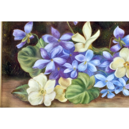 395 - AN ANTIQUE ENGLISH PORCELAIN STILL LIFE FLORAL PLAQUE by M Pritchard. 32 cm x 18 cm.